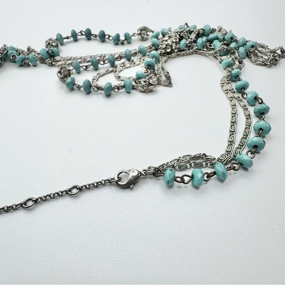 Turquoise Multi-strand Boho Necklace Silver Toned Chains 28”